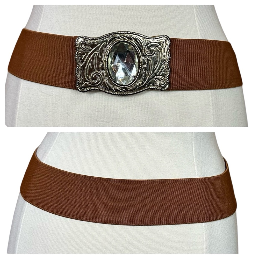 Vintage Gold Bling Tooled Maximalist Stretchy Brown Waist Belt Small / Medium